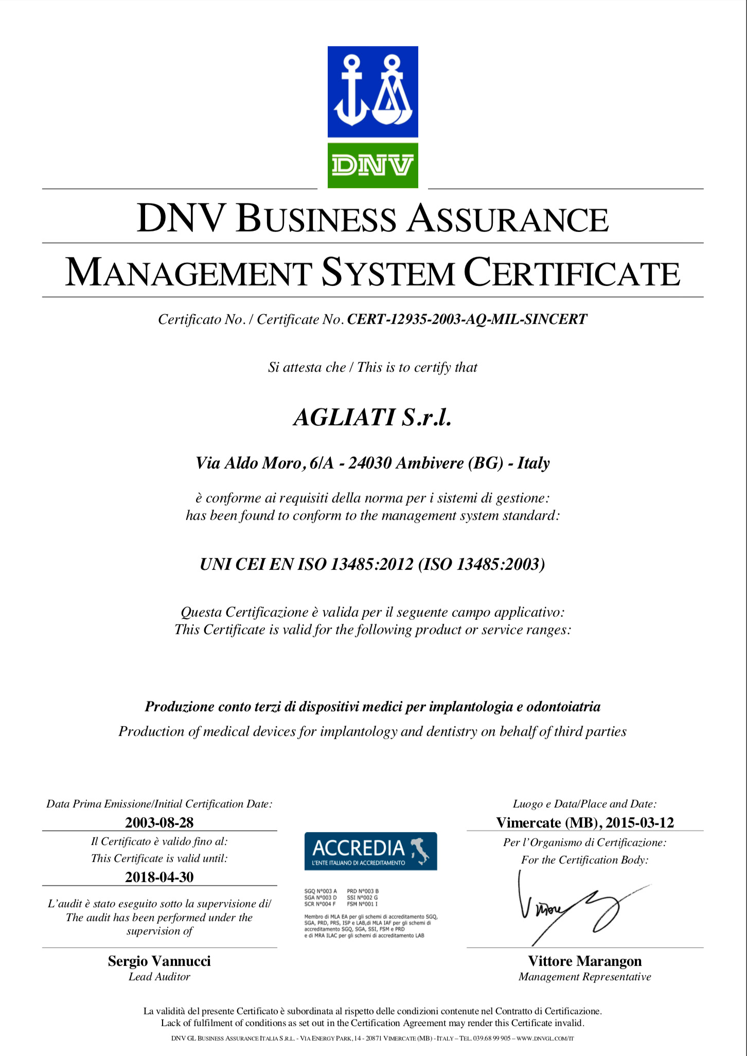 Agliati Implantologia | Certificazione di qualità ISO 13485
