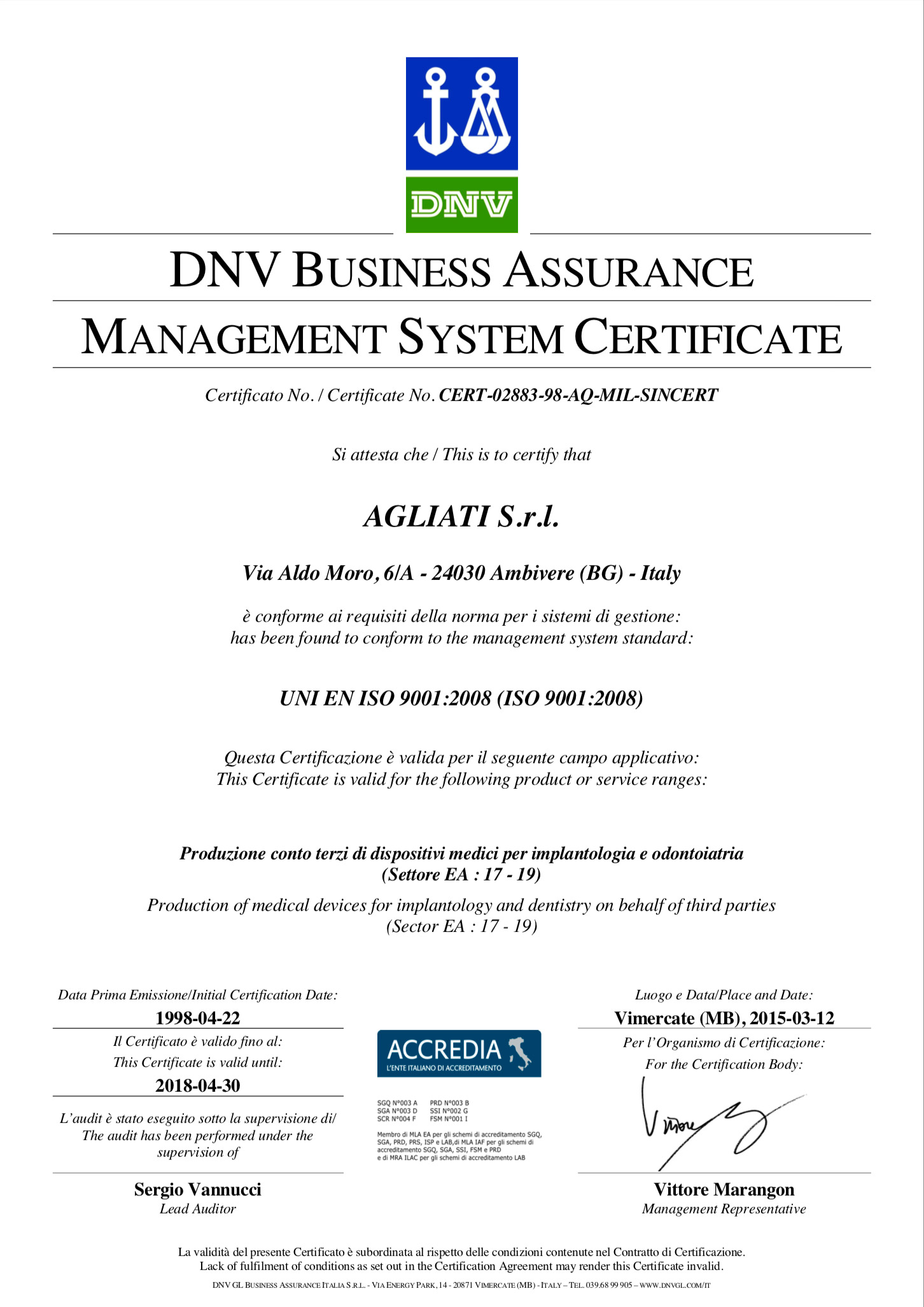 Agliati Implantologia | Certificazione ISO 9001